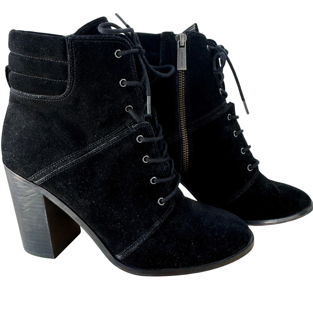 Michael Kors Thatcher Lace Up Ankle Boots 10M Black Suede Side Zip Block Heel